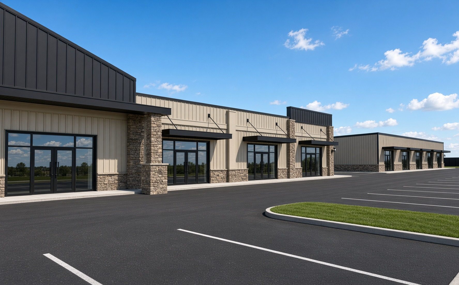 Hull Row storefront rendering — stone-column façades, full-glass entries and black awnings — across from Kroger Marketplace
